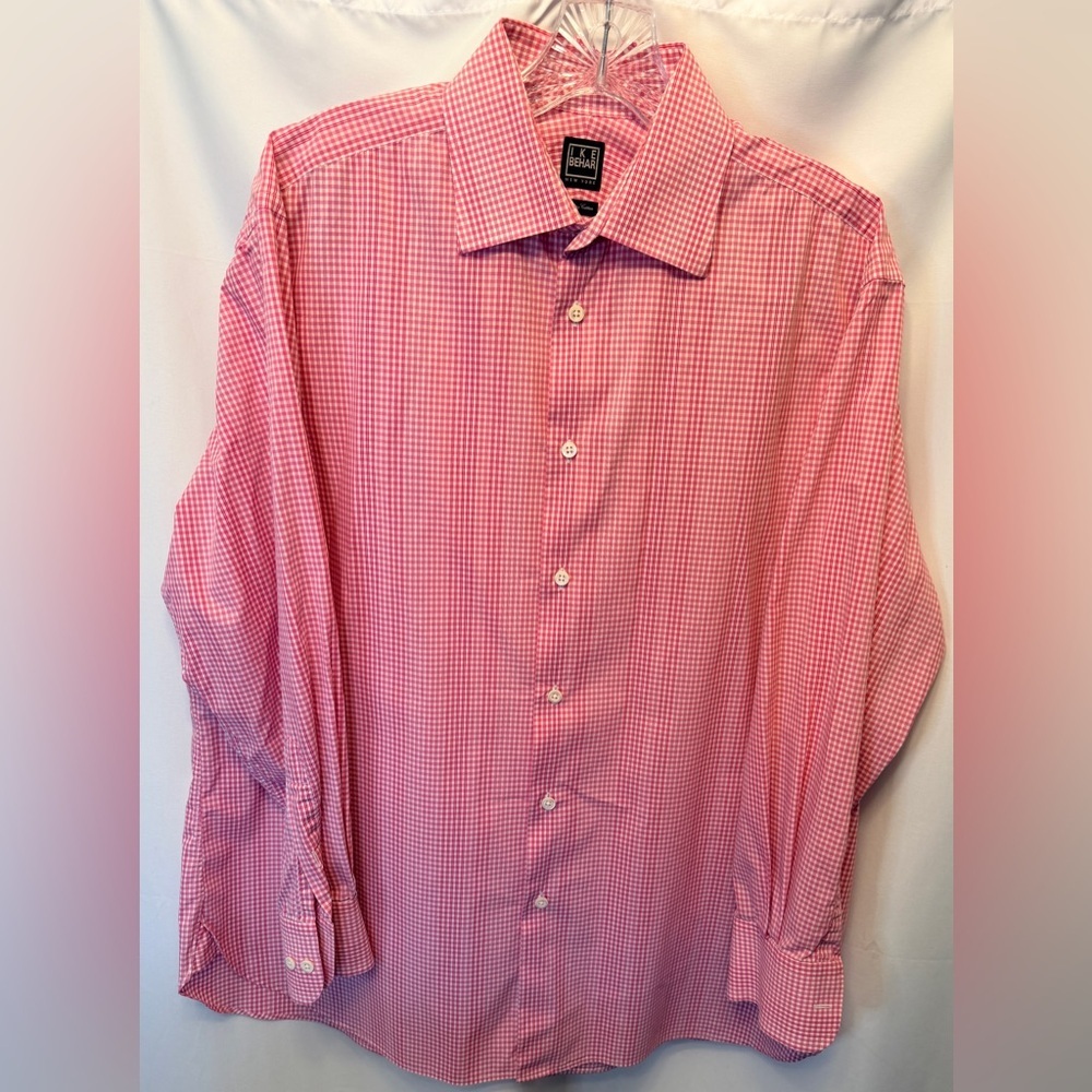 Ike Behar Size 16.5 32/33 Sleeve Red‎ White Gingham Shirt Made in Italy Cotton